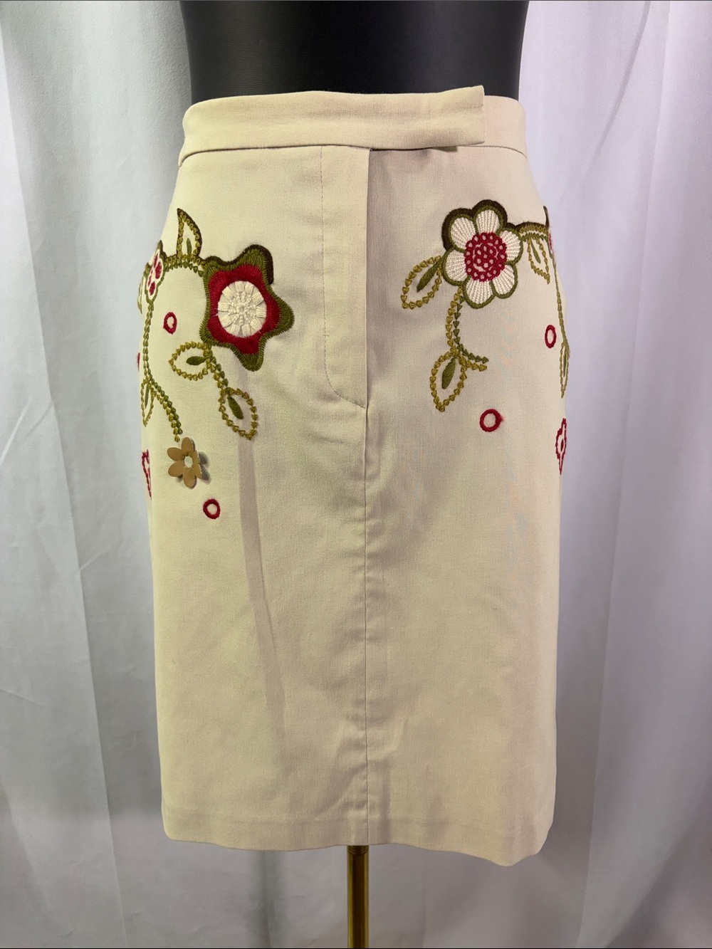 RW & Co. Khaki Embroidered Floral Print A-Line Skirt